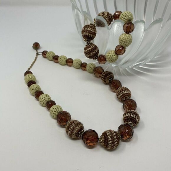 Vintage Necklace Bracelet Set Brown Cream Faceted - Picture 1 of 7